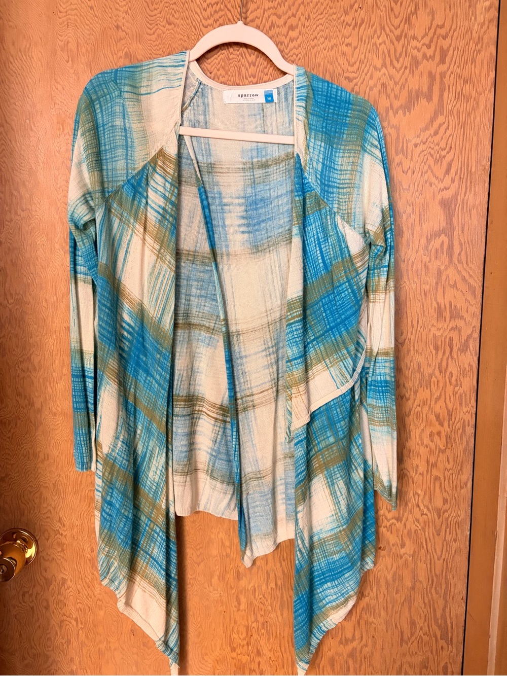 sparrow (Anthropologie) Blue and Cream Plaid Open-Front Women's Cardigan